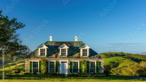 country estate with hunter green Bahama shutters, framed by rolling hills and a clear blue sky