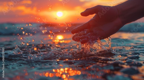 Hand Dipping in Water at Sunset