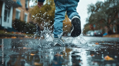 Playful child splashing in puddles wearing jeans on rainy day 