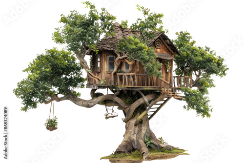 Charming treehouse nestled in a lush tree, featuring rustic wooden design with a balcony for a scenic view.