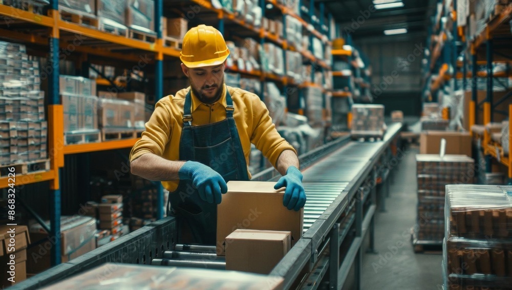 Worker in Warehouse Handling Packages on Conveyor Belt Worker in Warehouse Handling Packages on Conveyor Belt