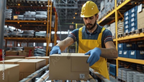 Warehouse Worker Sorting Packages on Conveyor Belt