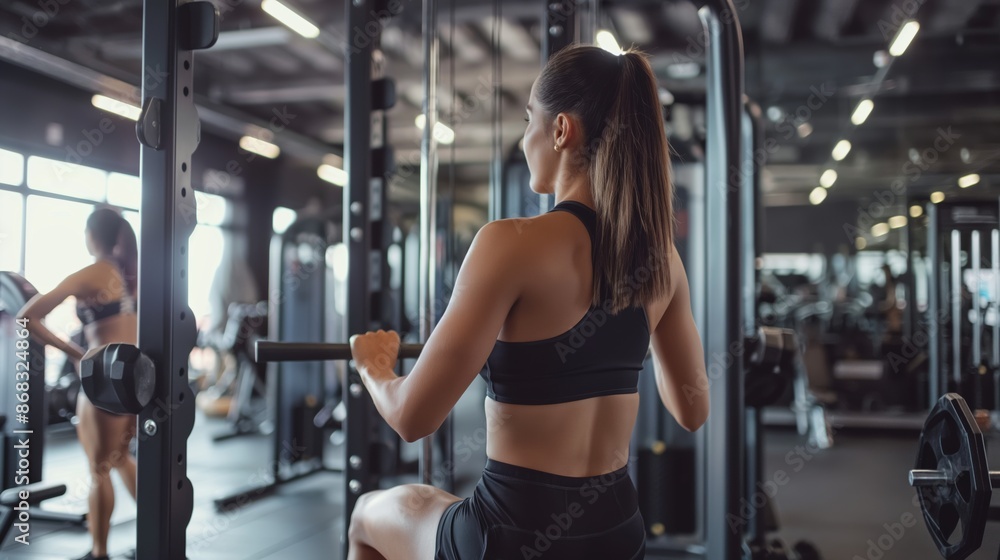 Woman performing lat pulldown exercise at the gym, working on back strength. Woman performing lat pulldown exercise at the gym, working on back strength.