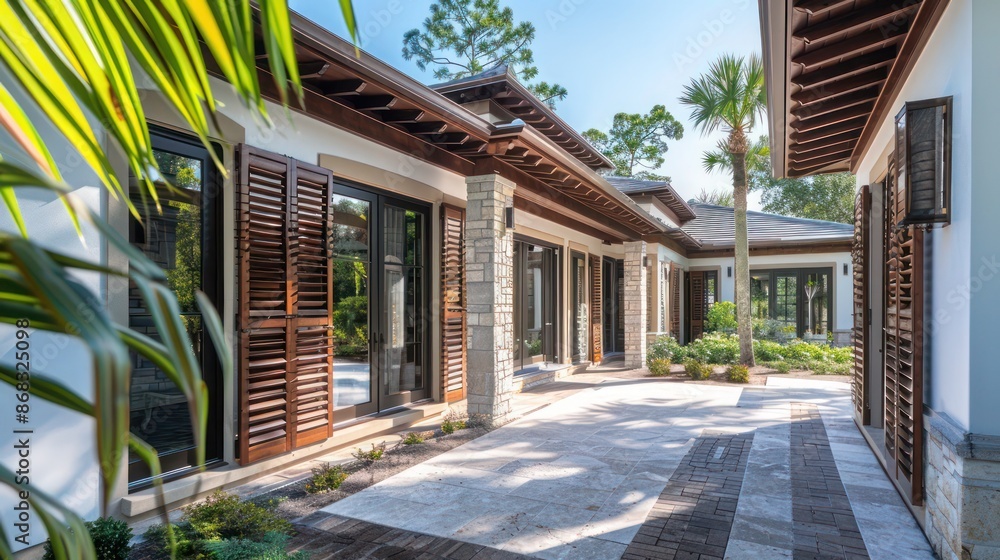 craftsman-style home with custom-carved Bahama shutters, integrating artistic woodwork into the functional elements craftsman-style home with custom-carved Bahama shutters, integrating artistic woodwork into the functional elements