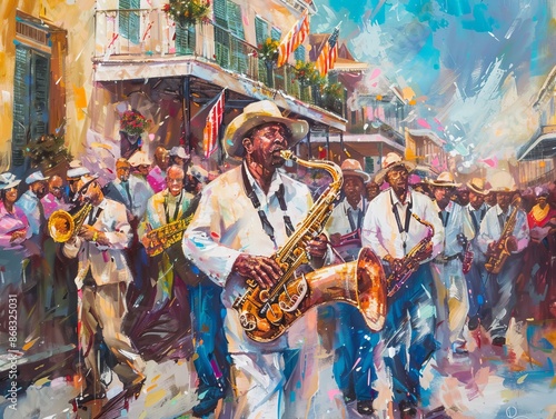 Lively Street Parade in New OrleansJazz Musicians Performing.