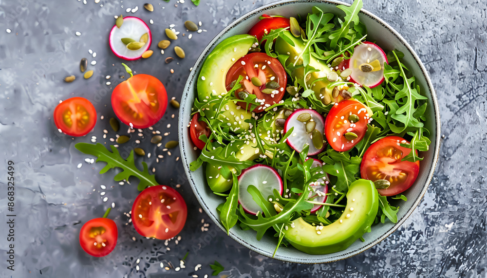 Healthy salad of fresh vegetables - tomatoes, avocado, arugula, radish and seeds on a bowl. Vegan food. Flat lay. Banner. Top view Healthy salad of fresh vegetables - tomatoes, avocado, arugula, radish and seeds on a bowl. Vegan food. Flat lay. Banner. Top view
