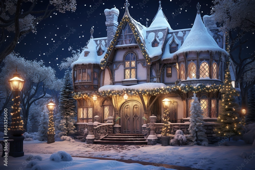 Beautiful winter house and christmas tree on the mountain Beautiful winter house and christmas tree on the mountain