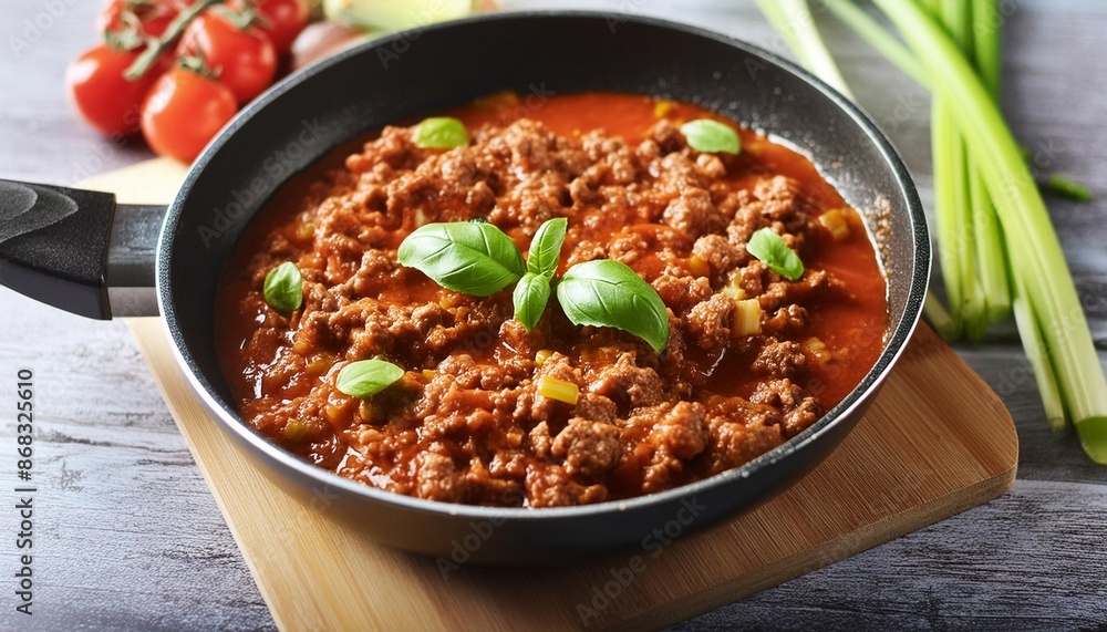 Ground Beef Meal Classic Ragout with Tomato Sauce, Basil, and Celery in a Frying Pan Ground Beef Meal Classic Ragout with Tomato Sauce, Basil, and Celery in a Frying Pan