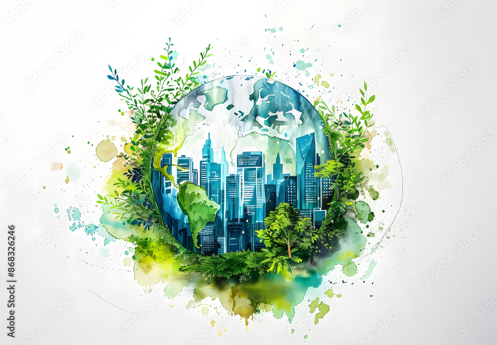 An illustration of Earth with solar panels and wind turbines surrounded by trees, city buildings, and greenery, symbolizing renewable energy and conservation. Concept of sustainability green energy. An illustration of Earth with solar panels and wind turbines surrounded by trees, city buildings, and greenery, symbolizing renewable energy and conservation. Concept of sustainability green energy.