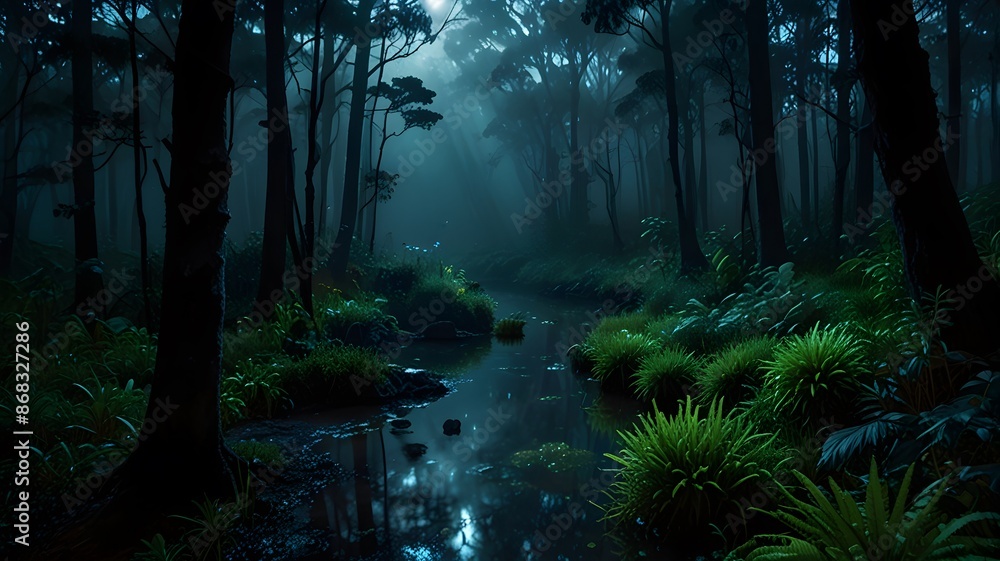 Naklejka premium misty forest in the night, ai generated