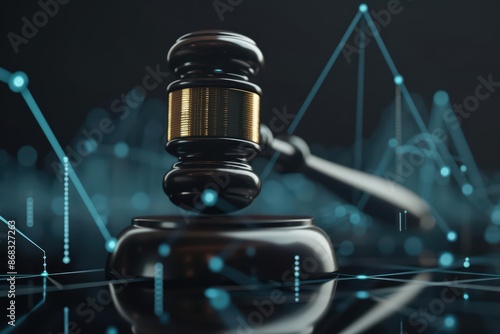 A contemporary legal setting featuring a digital gavel and advanced virtual trial interfaces with copy space