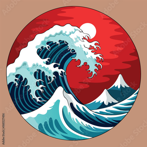 Japanese wave. Japanese big waves, raging ocean and vintage sea water vector illustration