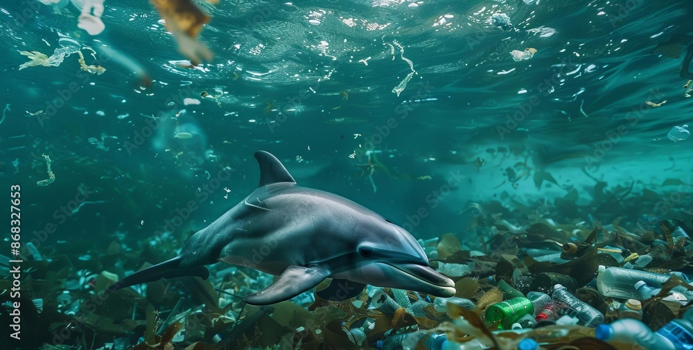 Fototapeta premium Ocean Pollution and Marine Life with Dolphin in Blue Waters