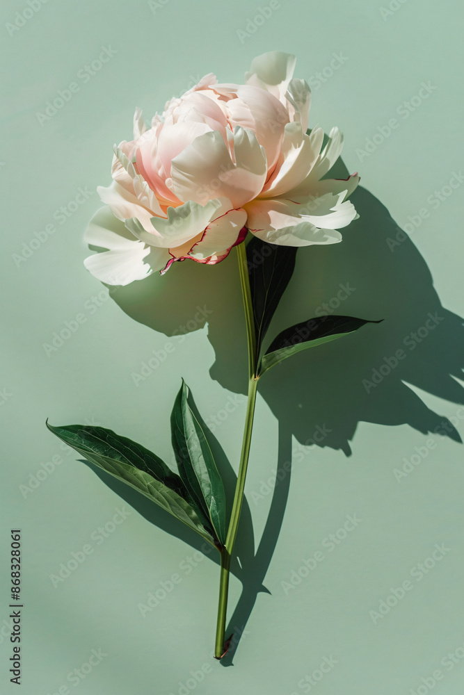 Obraz premium Photo of a single pastel pink peony flower on a light green background with long shadows, done in a minimalist style.
