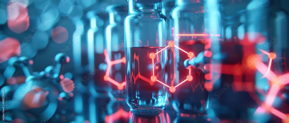 A dynamic explosion of scientific symbols and neonlit molecules in a futuristic lab setting with copy space A dynamic explosion of scientific symbols and neonlit molecules in a futuristic lab setting with copy space