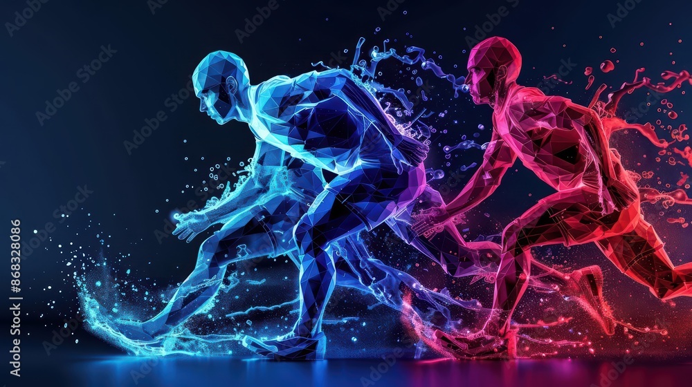 Fototapeta premium A dynamic explosion of athletes in action with vibrant digital effects highlighting their movements with copy space