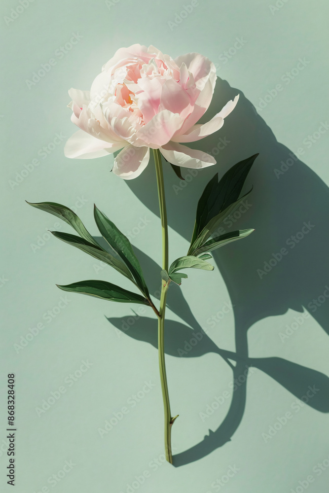Fototapeta premium Photo of a single pastel pink peony flower on a light green background with long shadows, done in a minimalist style.