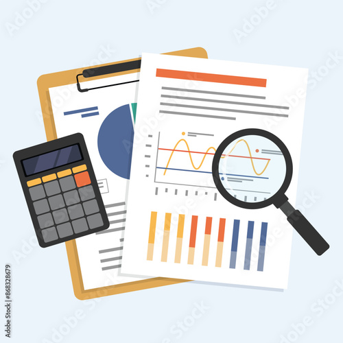 Business document data analysis with magnifying glass and calculator, Document on paper holder and clipboard, Auditing financial documents, flat vector illustration.