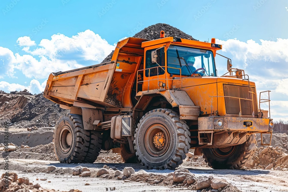 Heavy-duty yellow construction truck under blue sky Heavy-duty yellow construction truck under blue sky