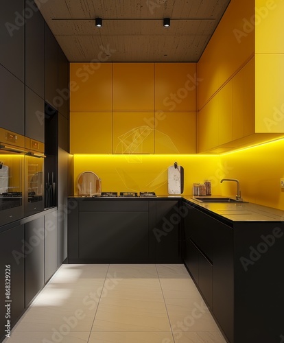 Kitchen with a bold yellow wall and minimalist design