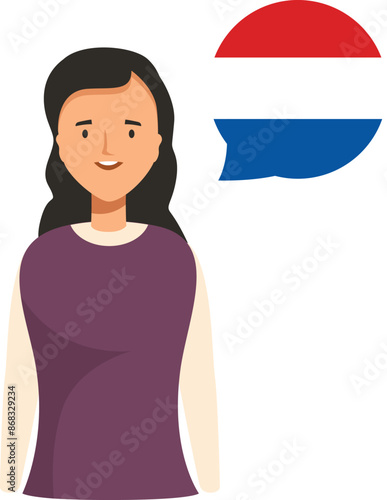 Young woman is smiling with a dutch flag speech bubble, representing the concept of learning dutch