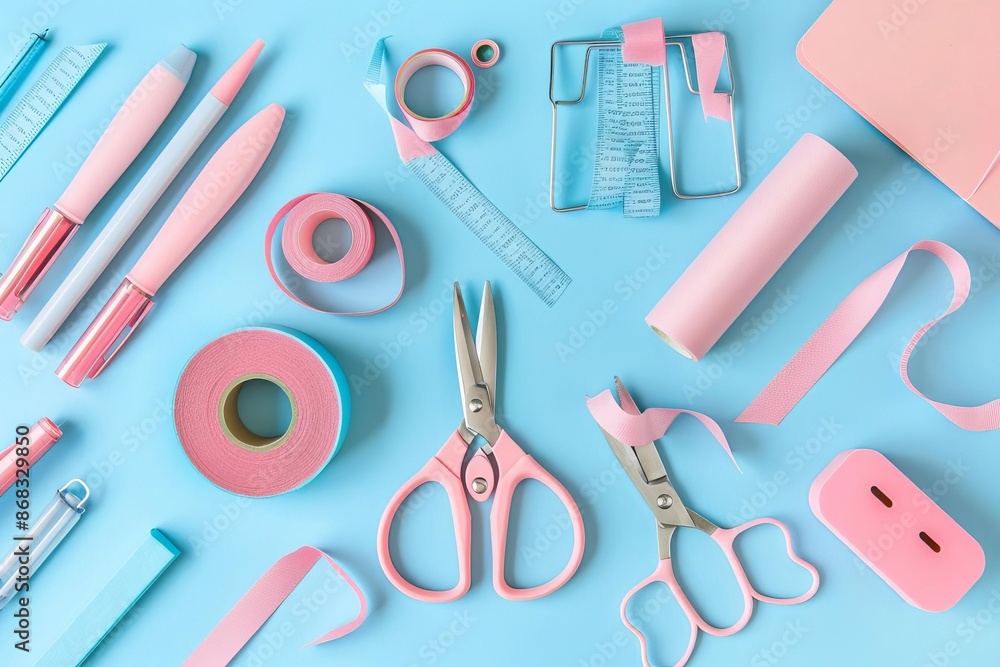 Flat Lay of Pink and Blue Craft Tools on Pastel Background Flat Lay of Pink and Blue Craft Tools on Pastel Background