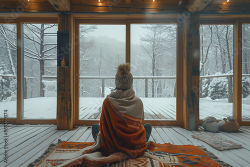 A person sits wrapped in a blanket, looking out at a snowy forest through large windows. The cozy interior of the cabin contrasts with the cold, wintry scene outside
