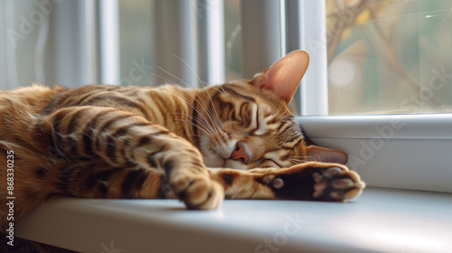 Bengal cat resting on the windowsill. Red cat indoors, 32k, full ultra hd, high resolution --ar 16:9