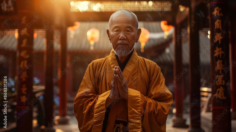 Serene old chinese monk in zen robes captured in high quality indoor photography Serene old chinese monk in zen robes captured in high quality indoor photography