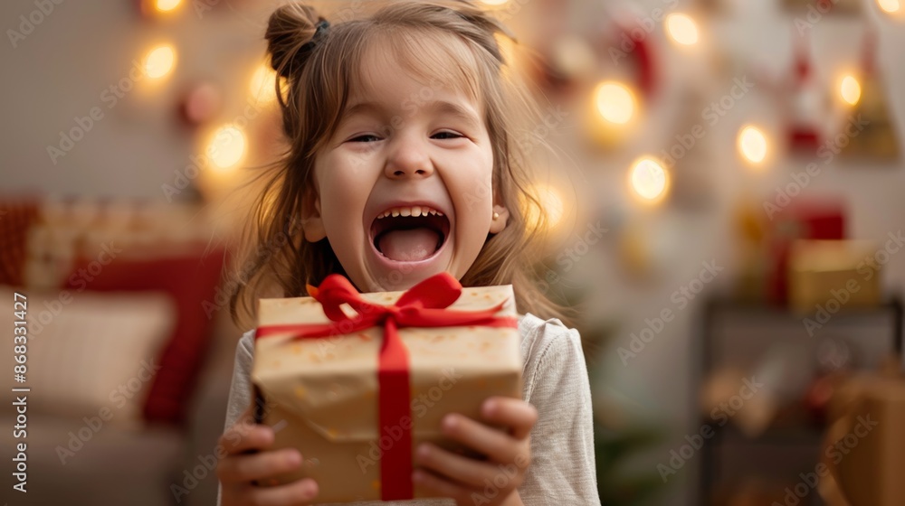 Excited child receiving realistic birthday gift joyful kid unwrapping present image Excited child receiving realistic birthday gift joyful kid unwrapping present image