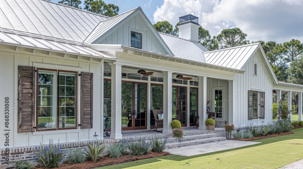 farmhouse with distressed Bahama shutters, adding a touch of rustic charm while enhancing the home's country feel farmhouse with distressed Bahama shutters, adding a touch of rustic charm while enhancing the home's country feel