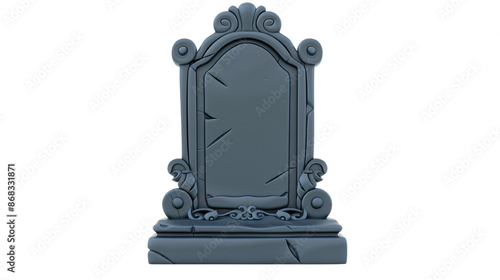 Isolated image of a gray cartoon tombstone with ornate detailing. Isolated image of a gray cartoon tombstone with ornate detailing.