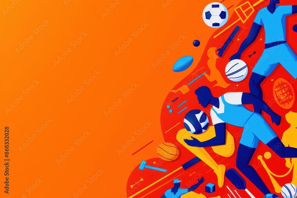 A minimalist banner showcasing an intense collision of diverse sports icons and digital graphics with copy space A minimalist banner showcasing an intense collision of diverse sports icons and digital graphics with copy space