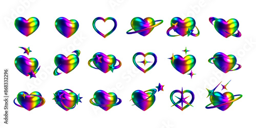 3D holographic rainbow hearts with shiny metallic surface in Y2K style. Glossy hearts with iridescent chrome effect. Perfect for futuristic, sci-fi, and modern design. Trendy retro vector illustration