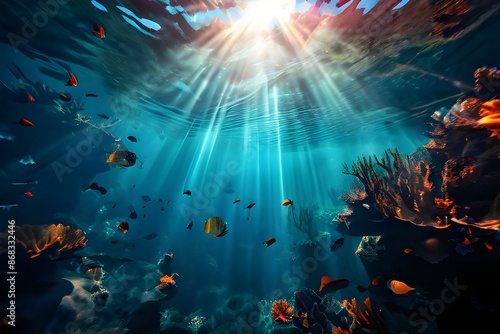 abstract underwater background with sunbeams. © MUmar