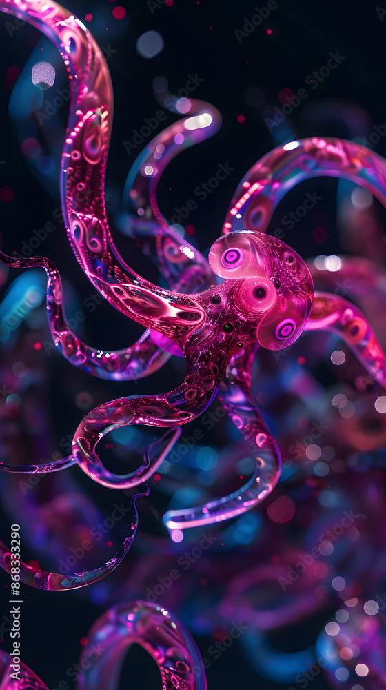 Fototapeta premium Pink Octopus With Transparent Tentacles in Dark Water
