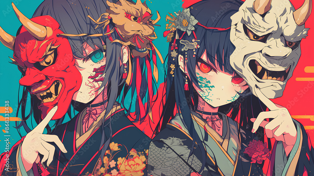 boys and girls wearing cool Japanese oni masks boys and girls wearing cool Japanese oni masks