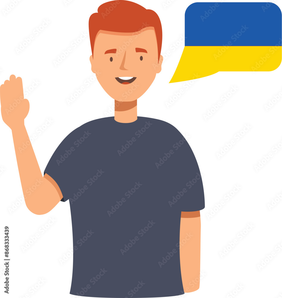 Young man waving and speaking ukrainian, represented by a speech bubble with the ukrainian flag Young man waving and speaking ukrainian, represented by a speech bubble with the ukrainian flag