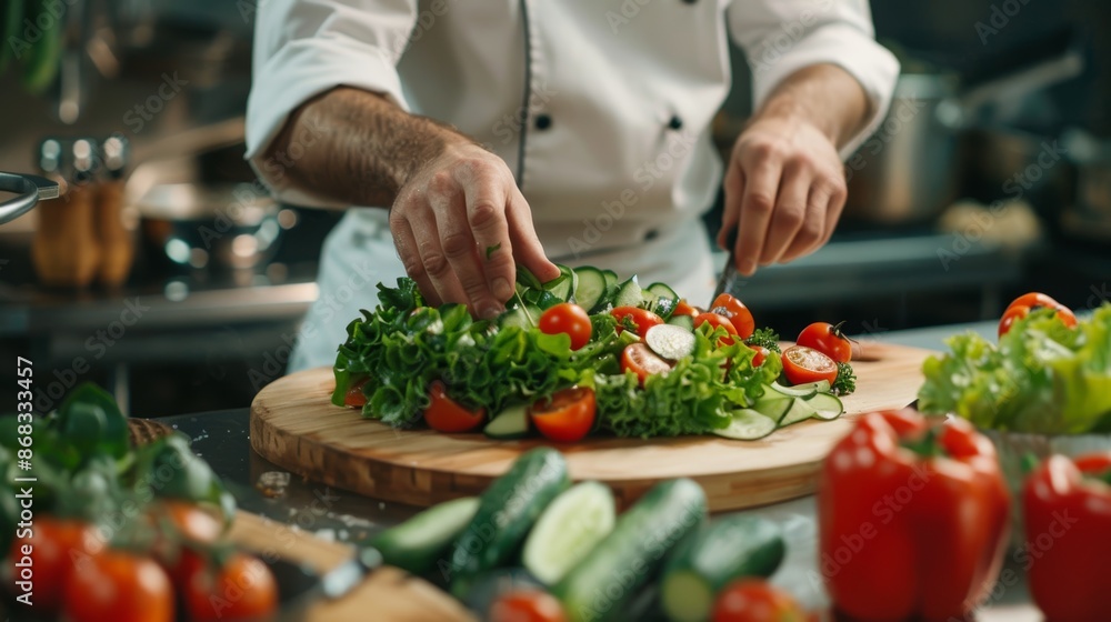 Professional Chef Preparing Fresh Vegetable Salad in Modern Kitchen Setting for Healthy Cuisine and Gourmet Dining Professional Chef Preparing Fresh Vegetable Salad in Modern Kitchen Setting for Healthy Cuisine and Gourmet Dining