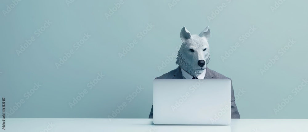 A modern business environment with a robotic wolf in a suit conducting a virtual meeting with copy space A modern business environment with a robotic wolf in a suit conducting a virtual meeting with copy space