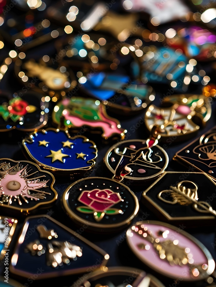 closeup of enamel pins with academic motifs closeup of enamel pins with academic motifs
