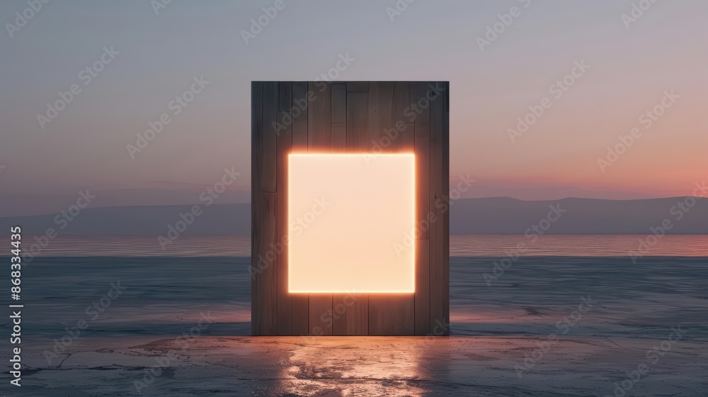 A modern landscape view with an illuminated wooden advertisement panel set against a digital sunset with copy space A modern landscape view with an illuminated wooden advertisement panel set against a digital sunset with copy space