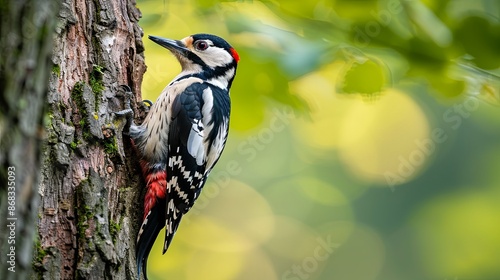 Great Spotted Woodpecker on Tree Trunk. Colorful Bird in Natural Habitat