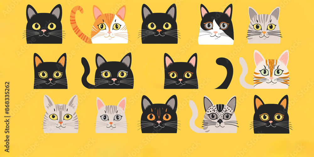 A yellow background with a bunch of cats with different colors and patterns. The cats are all looking at the camera A yellow background with a bunch of cats with different colors and patterns. The cats are all looking at the camera