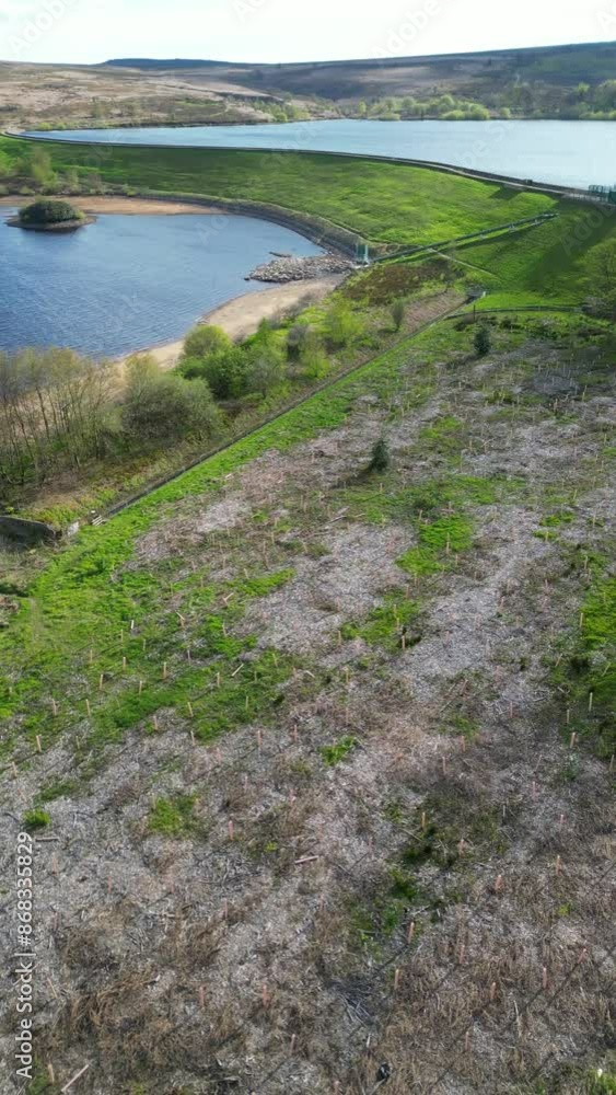 Aerial view of Redmires Reservoirs and Countryside on Hills at Sheffield, England United Kingdom. April 30th, 2024 Aerial view of Redmires Reservoirs and Countryside on Hills at Sheffield, England United Kingdom. April 30th, 2024