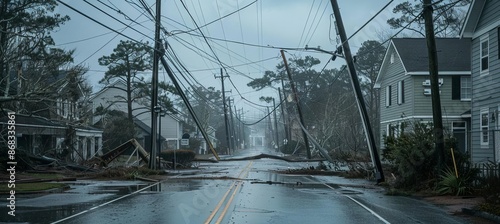 Storm-damaged residential street with fallen power lines