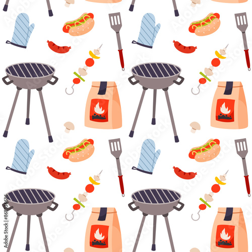 Seamless vector barbecue pattern with barbecue equipment and food