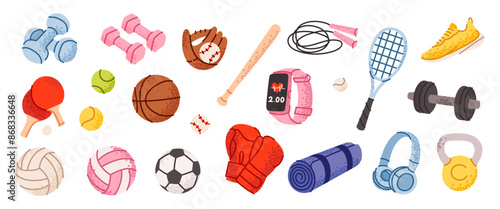 Vector set of sports equipment, for different sports, soccer, basketball, volleyball, baseball, boxing, isolated on white background