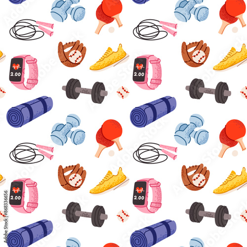 Sports equipment pattern isolated on white background, seamless vector pattern