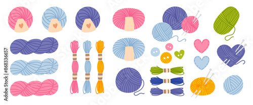 Set of yarn and tools for knitting, needlework, vector illustration, isolated on white background